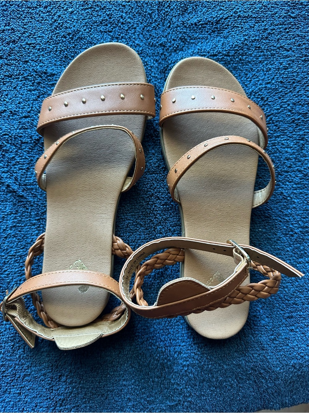 Women's Brown Braided Strap Sandals with Stud Detail